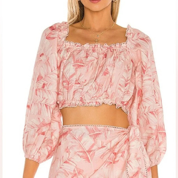 Show Me Your Mumu Claudia Crop Top in Pink Majestic Palm Linen Medium - Picture 1 of 5
